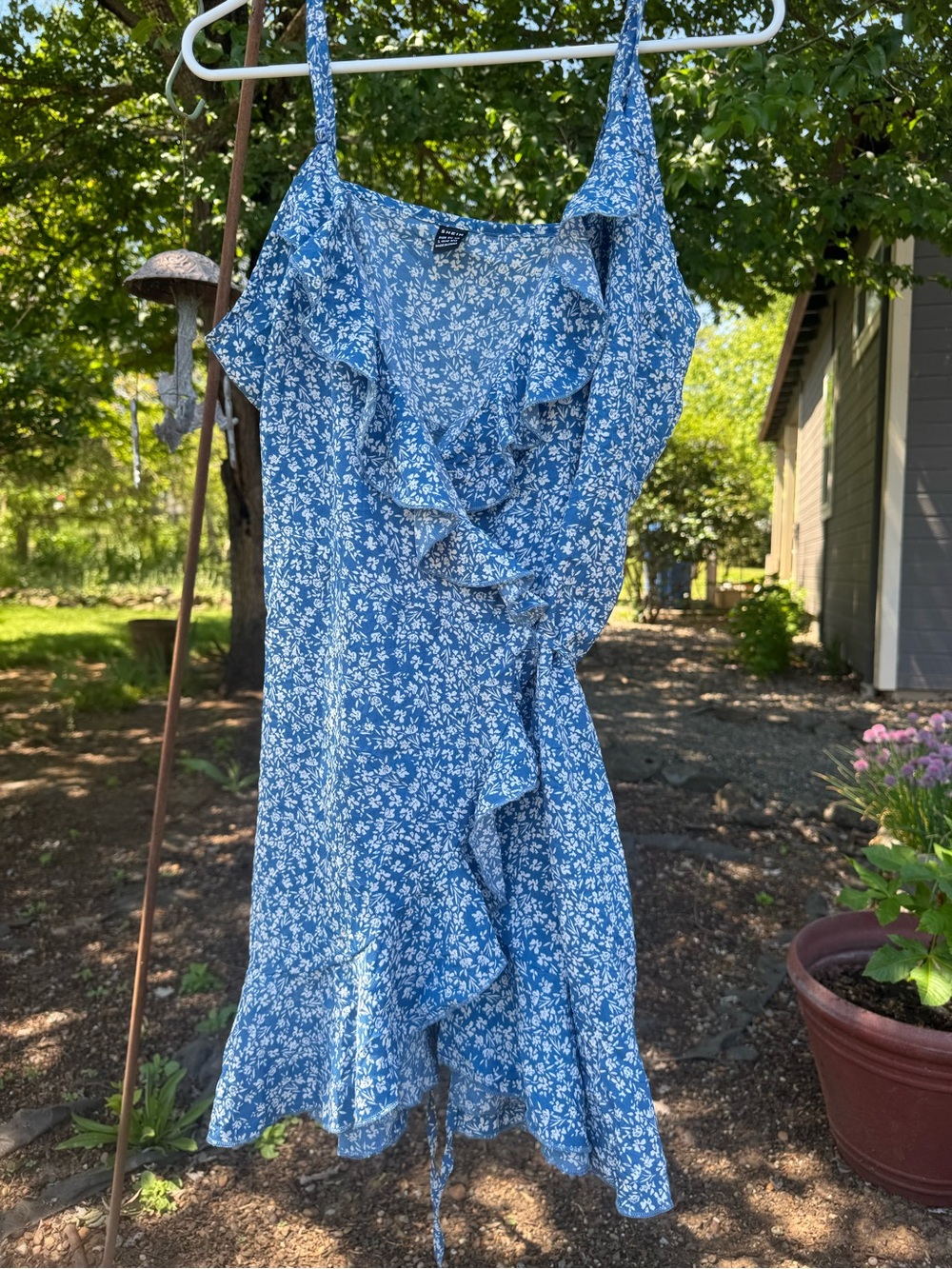 SHEIN Blue & White Floral Ruffle Wrap Blouse